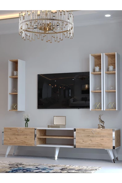Myniture Home & Living Festival Tv Ünitesi G3006-6-1 BEYAZ ATLANTİK SİLVER COLOR Tv Sehpası ve Duvar Rafı - 3