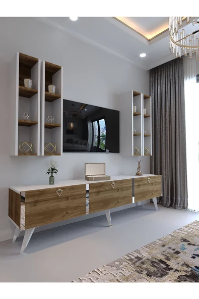 Myniture Home & Living Festival Tv Ünitesi S3002-2-1 CEVİZ BEYAZ  - COLOR SİLVER Tv Sehpası ve Duvar Rafı ürün görseli 1