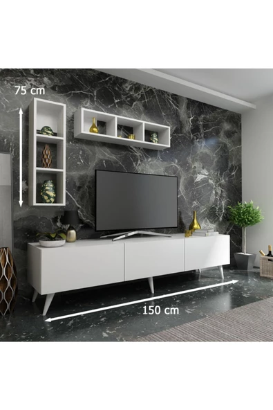 MobilyaFırsat Ideal Tv Ünitesi Duvar Raflı Q7804-1 Beyaz - 2