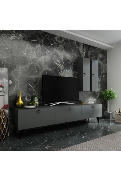 MobilyaFırsat Ideal Tv Ünitesi Duvar Raf Ve Duvar Dolaplı Q7019-4 Antrasit