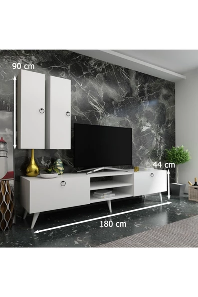 MobilyaFırsat Ideal Tv Ünitesi Duvar Raf Ve Duvar Dolaplı Q7022-1 Beyaz - 2