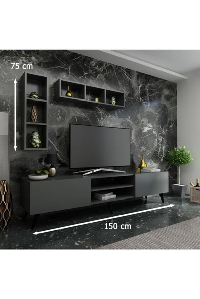 MobilyaFırsat Ideal Tv Ünitesi Duvar Raflı Q7805-4 Antrasit - 2