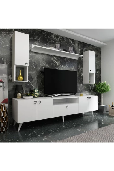 MobilyaFırsat Ideal Tv Ünitesi Duvar Raf Ve Duvar Dolaplı Q7023-1 Beyaz ürün görseli 1
