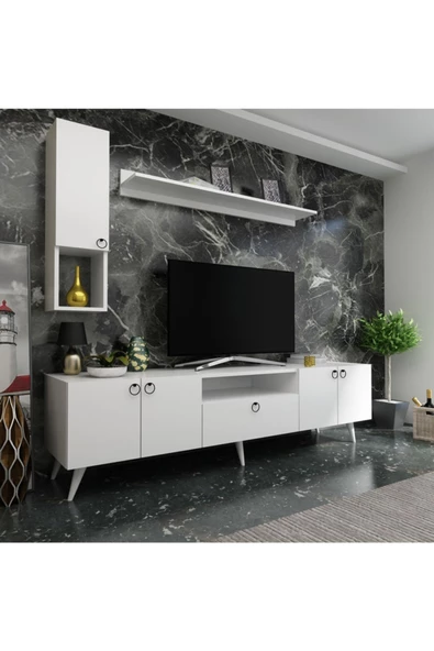 MobilyaFırsat Ideal Tv Ünitesi Duvar Raf Ve Duvar Dolaplı Q7026-1 Beyaz - 1