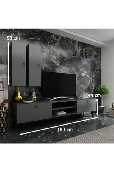 MobilyaFırsat Ideal Tv Ünitesi Duvar Raf Ve Duvar Dolaplı Q7022-4 Antrasit - Resim 2
