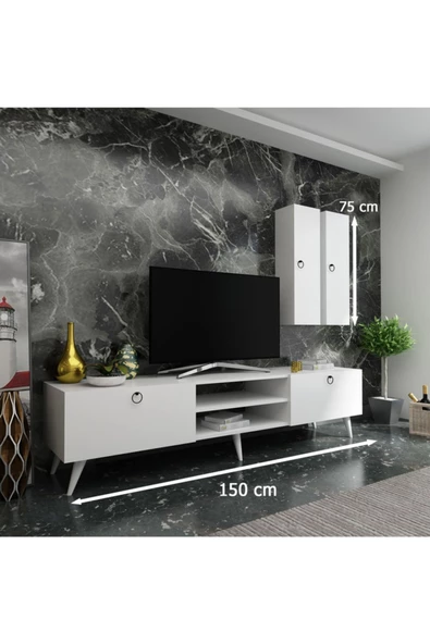 MobilyaFırsat Ideal Tv Ünitesi Duvar Raf Ve Dolaplı Q7818-1 Beyaz - Resim 2