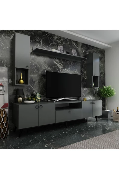 MobilyaFırsat Ideal Tv Ünitesi Duvar Raf Ve Duvar Dolaplı Q7025-4 Antrasit