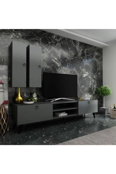 MobilyaFırsat Ideal Tv Ünitesi Duvar Raf Ve Duvar Dolaplı Q7022-4 Antrasit ürün görseli 1