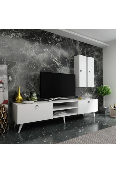 MobilyaFırsat Ideal Tv Ünitesi Duvar Raf Ve Dolaplı Q7818-1 Beyaz