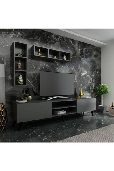 MobilyaFırsat Ideal Tv Ünitesi Duvar Raflı Q7805-4 Antrasit - 1