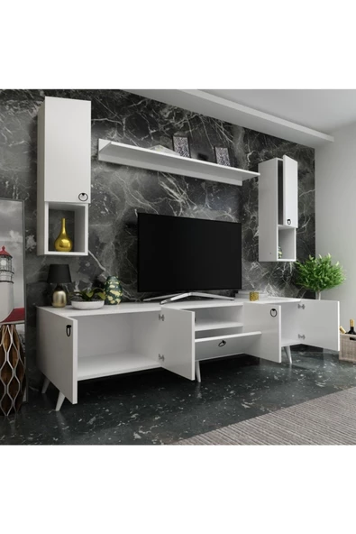 MobilyaFırsat Ideal Tv Ünitesi Duvar Raf Ve Duvar Dolaplı Q7023-1 Beyaz - Resim 2