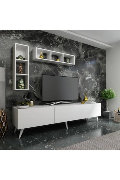 MobilyaFırsat Ideal Tv Ünitesi Duvar Raflı Q7804-1 Beyaz