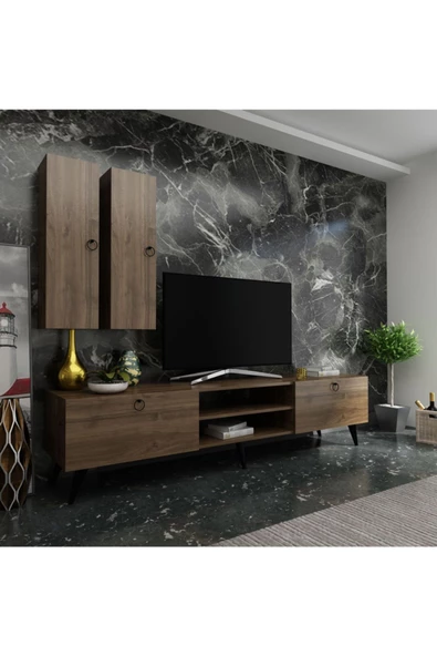 MobilyaFırsat Ideal Tv Ünitesi Duvar Raf Ve Duvar Dolaplı Q7022-2 Ceviz ürün görseli 1