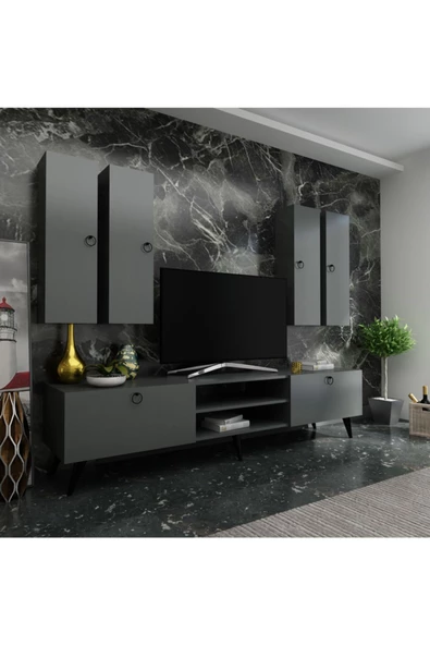 MobilyaFırsat Ideal Tv Ünitesi Duvar Raf Ve Duvar Dolaplı Q7021-4 Antrasit ürün görseli 1