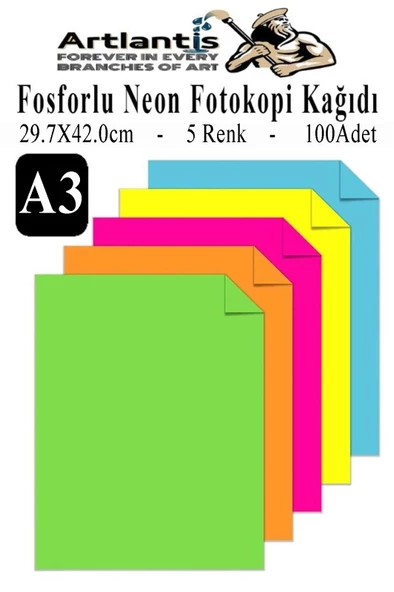 Neon Fosforlu Renkli A3 Fotokopi Kağıdı 100 lü 1 Paket 100 Adet Fosforlu 5 Renk Parlak Canlı Renkler Fotokopi Kağıdı ürün görseli