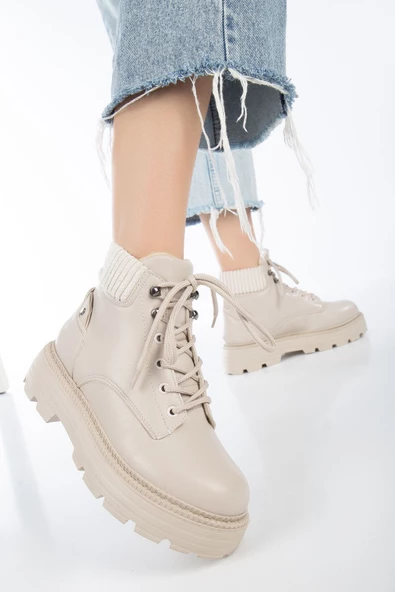 JOO Krem Cilt Cat Bağcık Detaylı Kadın Bot - Resim 2