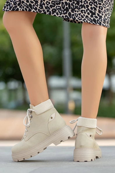 JOO Krem Cat Bağcık Detaylı Kadın Bot - Resim 3