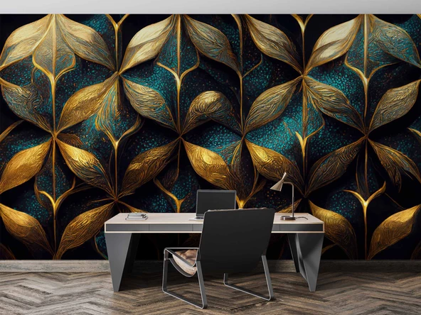 Gold-Mavi Desenli Duvar Kağıdı Baskı - 4