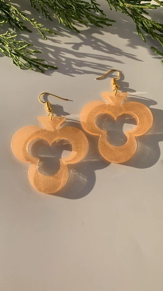 Transparan Turuncu Renkli Gold Aksesuar İçi Boş İskambil Sinek Şekil 6.5 Cm Epoksi Küpe Hediyelik - Resim 3