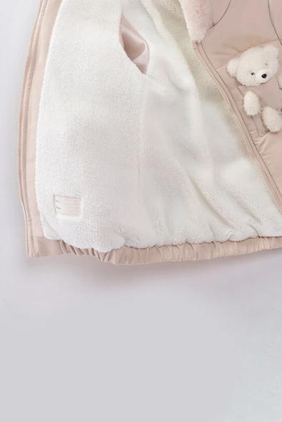 Baby Oyuncak Ayı İçi Kürklü Soft Kumaş Cepli Kapüşonlu Kışlık İçi Peluş Erkek Kız Bebek Mont Şişme - 12