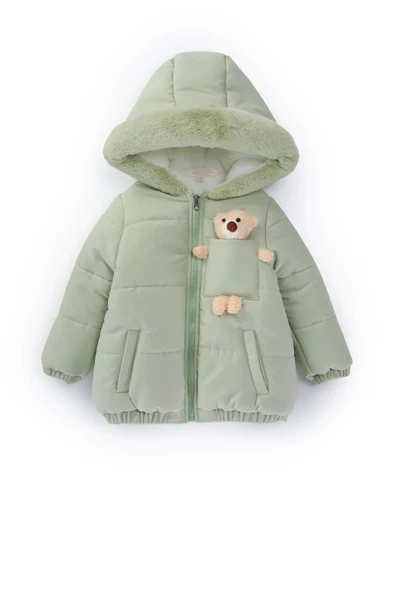 Baby Oyuncak Ayı İçi Kürklü Soft Kumaş Cepli Kapüşonlu Kışlık İçi Peluş Erkek Kız Bebek Mont Şişme - 4