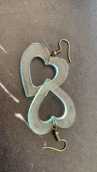 Transparan Su Yeşili Renkli Antik Sarı Aksesuar İçi Boş Kalp Şekil 5 Cm Epoksi Küpe El Yapımı - Resim 7