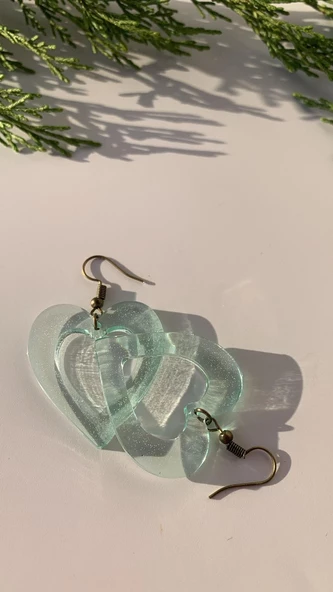 Transparan Su Yeşili Renkli Antik Sarı Aksesuar İçi Boş Kalp Şekil 5 Cm Epoksi Küpe El Yapımı - Resim 4