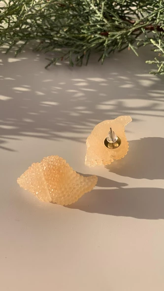 Parlak Şeffaf Somon Renkli İstiridye Şekilli Gümüş Aksesuarlı Epoksi Küpe El Yapımı Hediyelik - Resim 7