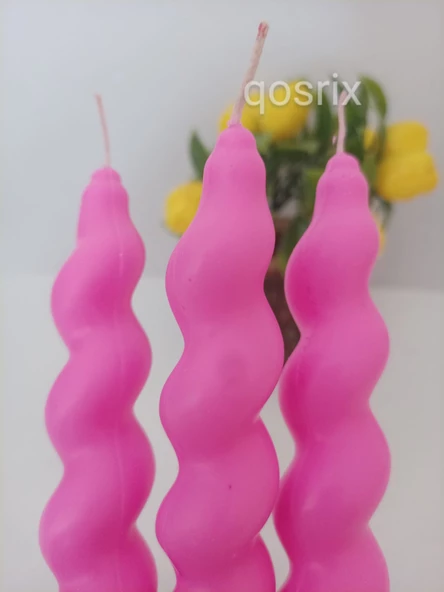 qosrix 3'lü Açık Pembe Renk Italyan Burgulu Şamdan Soya Mumu Doğal Kokulu Uzun Çubuk Konik Burgu Spiral Mum - 2