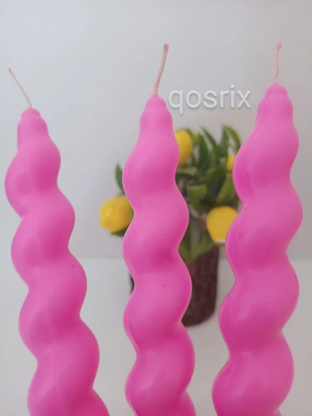 qosrix 3'lü Açık Pembe Renk Italyan Burgulu Şamdan Soya Mumu Doğal Kokulu Uzun Çubuk Konik Burgu Spiral Mum - 3