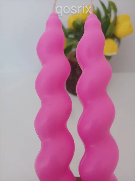 qosrix 2'li Açık Pembe Renk Italyan Burgulu Şamdan Soya Mumu Doğal Kokulu Uzun Çubuk Konik Burgu Spiral Mum - 3