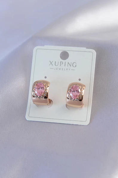 Gold Renk Pembe Kristal Taşlı Yarım Halka Model Xuping Kadın Küpe - TJ-BKP7609