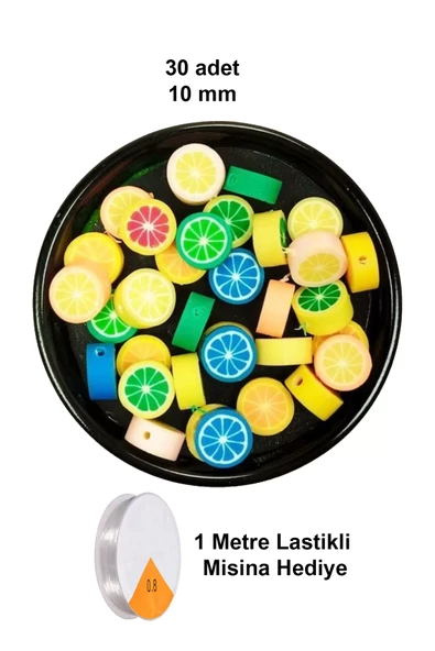 30 Adet 10 mm Polimer Kil Fimo Boncuk Takı Bileklik + 1 Metre Lastikli Misina Hediye - Renkli Limon