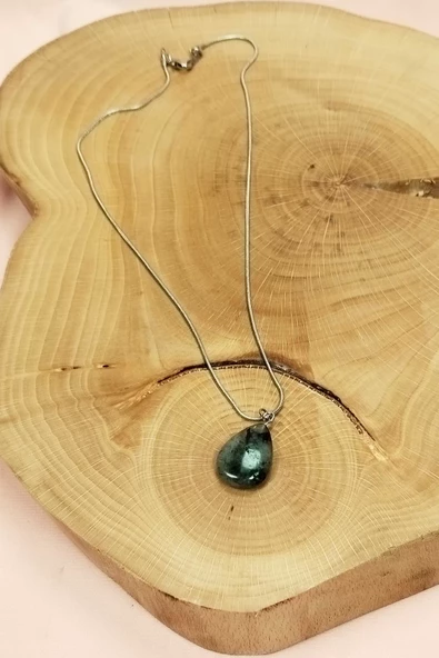 Labradorit Doğal Taşı Zincirli El Yapımı Kolye Uç: 2 cm Zincir: 20 cm Kutulu - 6
