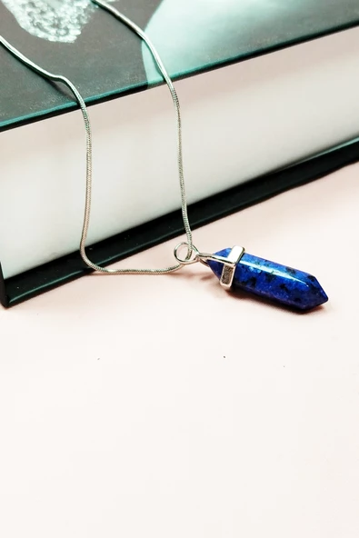 Lapis  Lazuli Doğal Taşı Zincirli El Yapımı Tasarımlı Kolye Uç: 3,5 cm Zincir: 20 cm Kutulu - 3