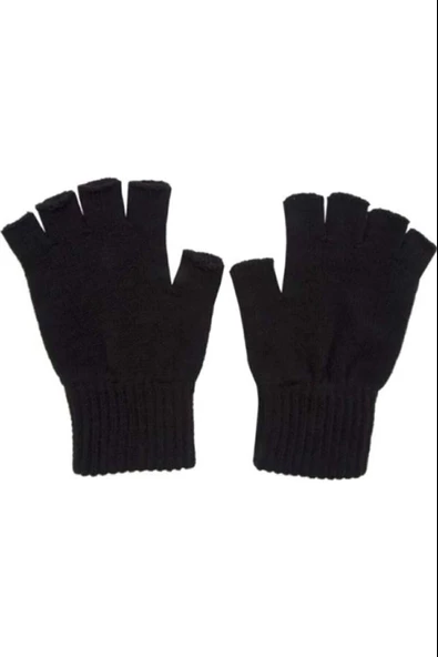 Yarım Parmak Kesik Siyah Eldiven Unisex 1 Çift Sıcak Tutan Yün Kışlık Kadın Erkek - Resim 3