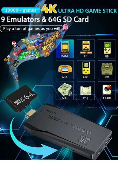 pinlock 2.4g Kablosuz Çift Kol Retro Oyunlar 4k Game Stick 10.000 Oyun Atari 64 GB - 2