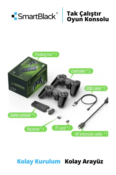 SmartBlack Wiraless Kablosuz Çift Kol Retro Oyunlar 4k Game Stick  Oyun Atari  2 Kollu Klasik Oyun Konsolu - 5