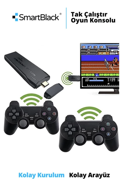 SmartBlack Wiraless Kablosuz Çift Kol Retro Oyunlar 4k Game Stick  Oyun Atari  2 Kollu Klasik Oyun Konsolu - 3