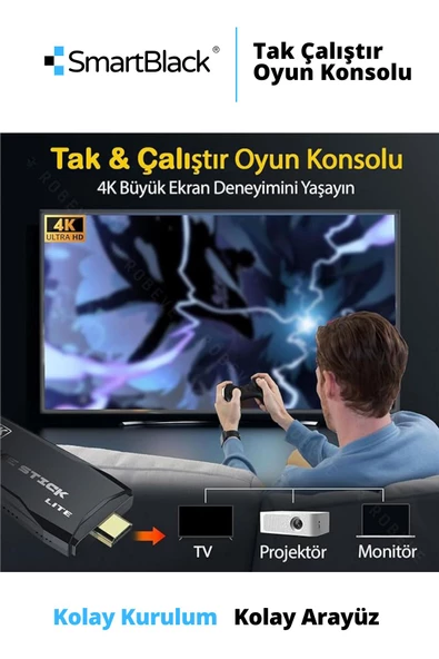 SmartBlack Wiraless Kablosuz Çift Kol Retro Oyunlar 4k Game Stick  Oyun Atari  2 Kollu Klasik Oyun Konsolu - 2