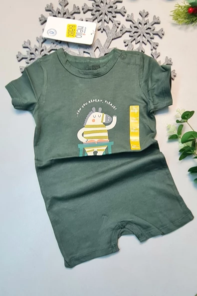 Yazlık %100 Pamuk Haki Yeşil Kısa Kol ÇıtÇıtlı Bebek Tulum Hellobaby Ebebek Badi 1 Adet - 2