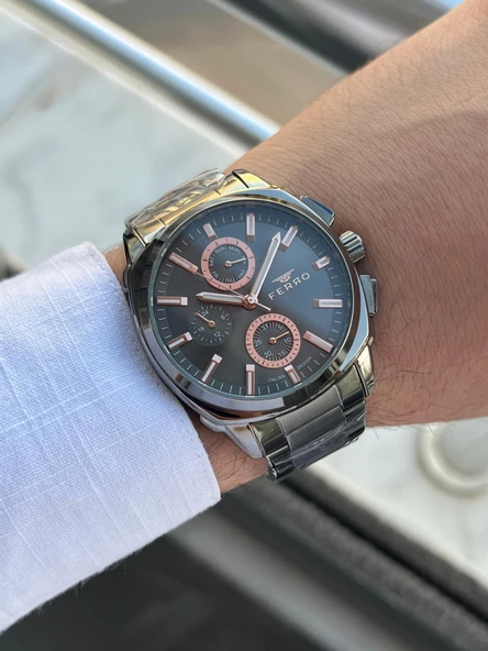 Ferro Çelik Kordon İç Fonksiyonlar Aktif Takvimli 30 Mt Su Geçirmez Erkek Kol Saat EFM40126-G - Resim 2