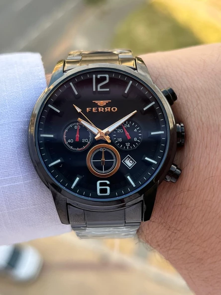 Ferro Çelik Kordon İç Fonksiyonlar Aktif Takvimli 30 Mt Su Geçirmez Erkek Kol Saat EFM31916-G - Resim 5