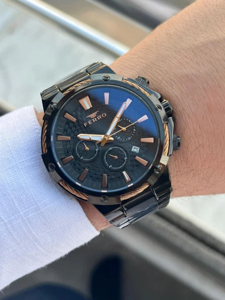 Ferro Çelik Kordon İç Fonksiyonlar Aktif Takvimli 30 Mt Su Geçirmez Erkek Kol Saat EFM31168-R - 3