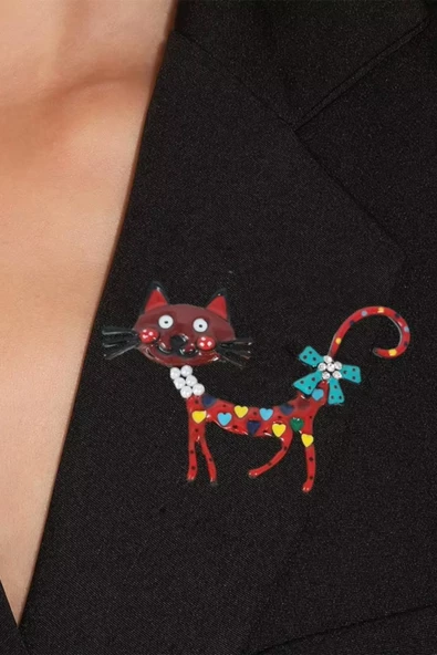 Neşeli Kedi Figürlü Canlı Renkli Broş - Resim 4