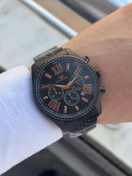 Ferro Çelik Kordon İç Fonksiyonlar Aktif Takvimli 30 Mt Su Geçirmez Erkek Kol Saati EFM31187-G - Resim 3