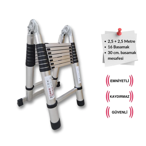 Endokon 250 + 250 cm. - 8+8  Basamaklı Teleskopik Merdiven - A Tipi Uzayan Merdiven