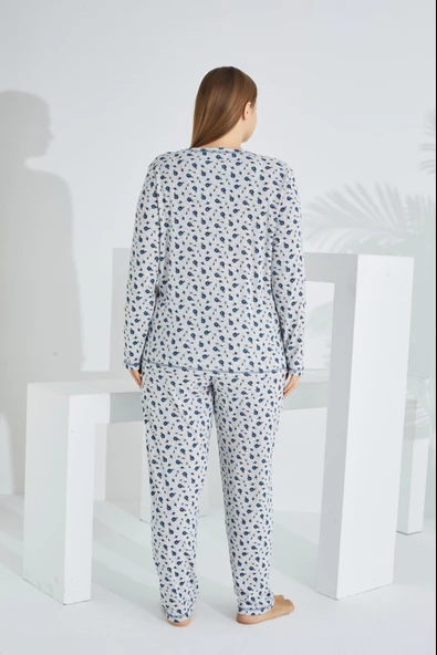 %100 Pamuk Uzun Kol Büyük Beden Kadın Pijama Takımı 98280BB - 4