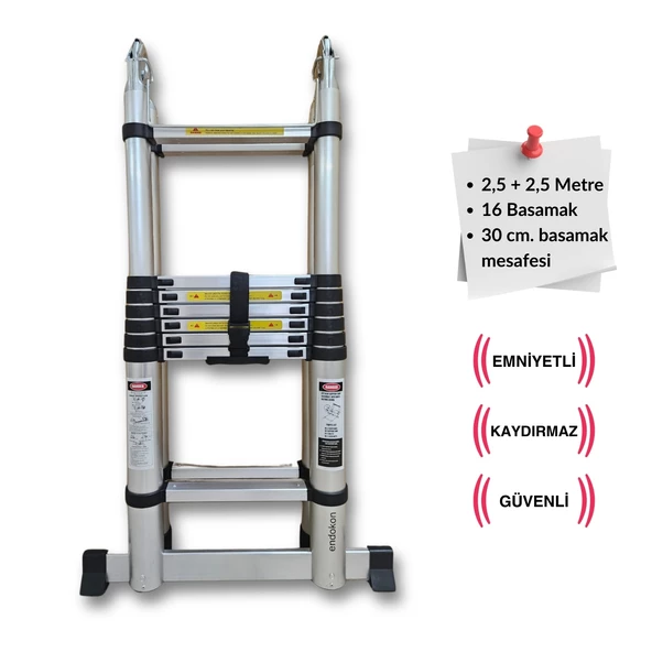 Endokon 250 + 250 cm. - 8+8 Basamaklı Teleskopik Merdiven - A Tipi Uzayan Merdiven - 4