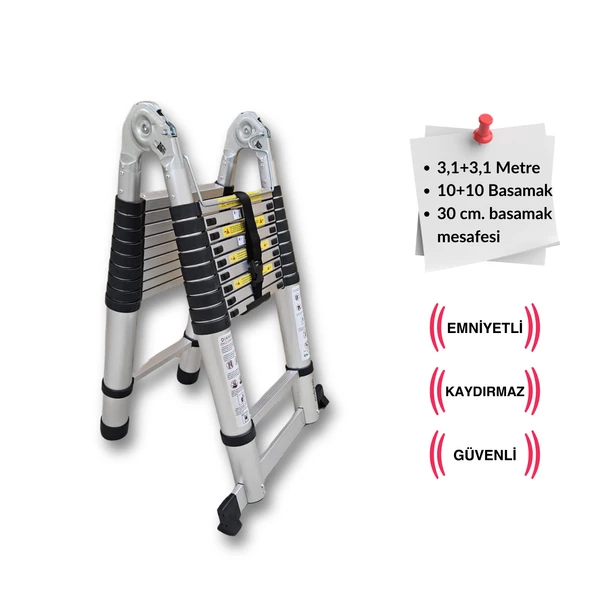 310 + 310 cm. - 10+10  Basamaklı Teleskobik / Teleskopik Merdiven